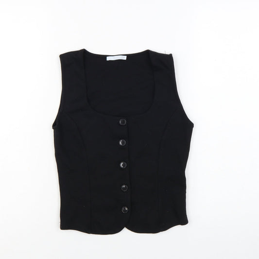 Zara Women Black Cropped Button Blouse Sleeveless S