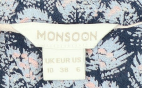 Monsoon Women Blue Floral Long Sleeve Viscose Tunic Blouse UK 10