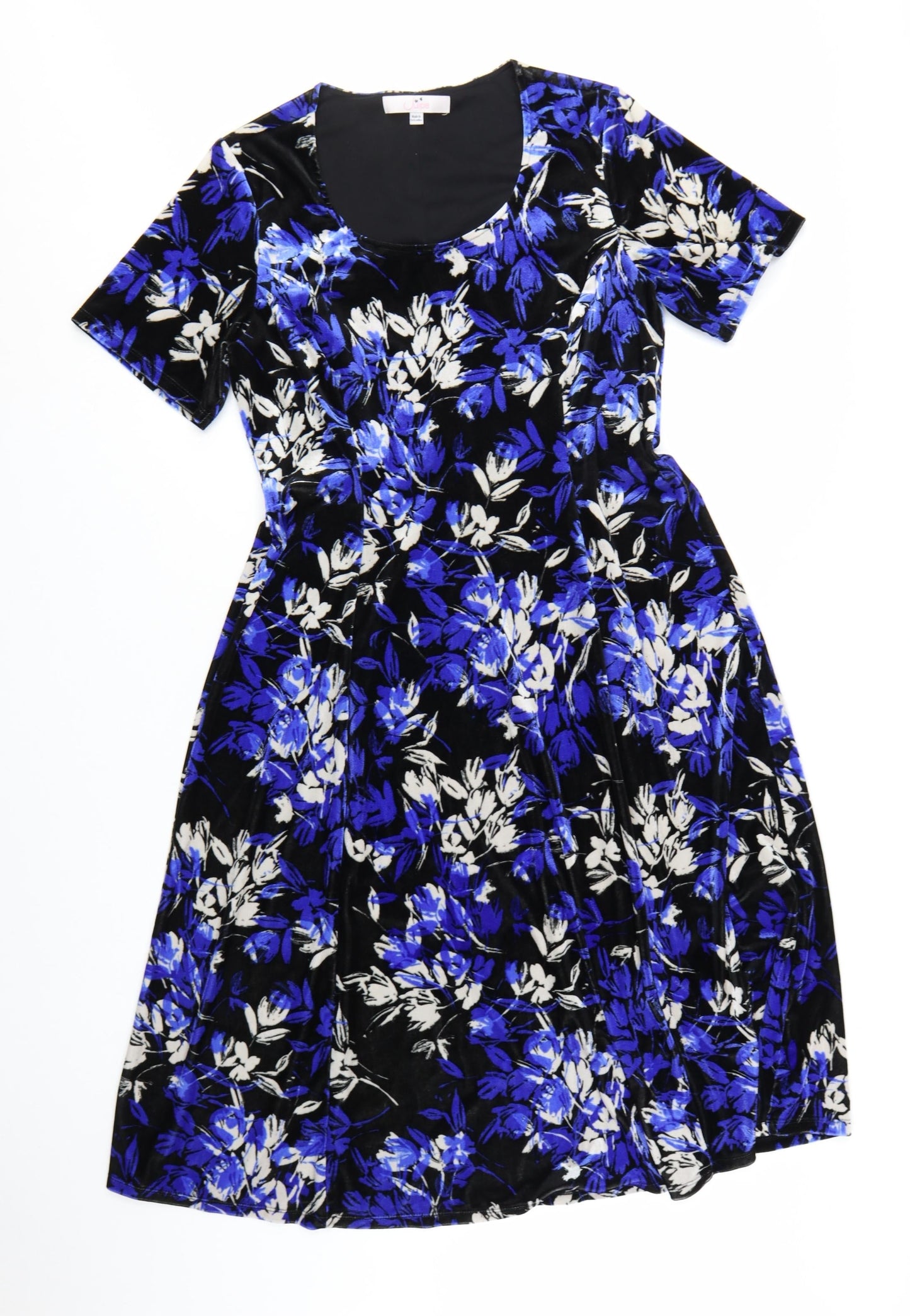 Julipa Women Blue Floral Velvet A-Line Dress Size 14 Short Sleeve