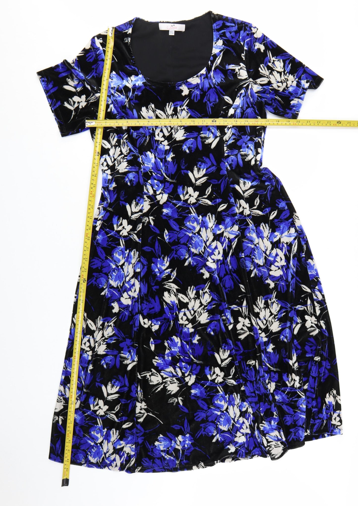 Julipa Women Blue Floral Velvet A-Line Dress Size 14 Short Sleeve