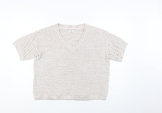 Fat Face Women Beige V-Neck Short Sleeve Knit Cotton Linen Jumper S