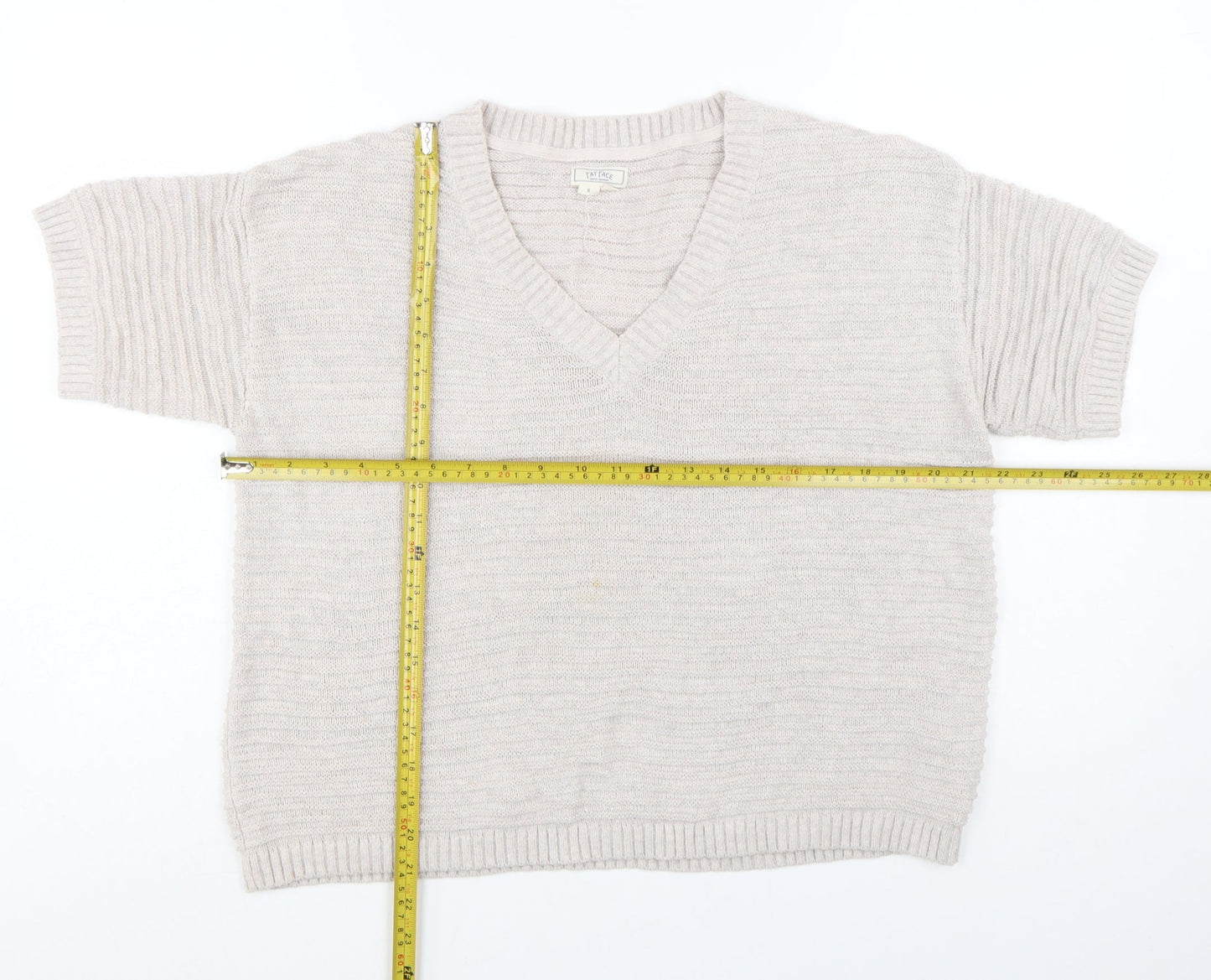 Fat Face Women Beige V-Neck Short Sleeve Knit Cotton Linen Jumper S