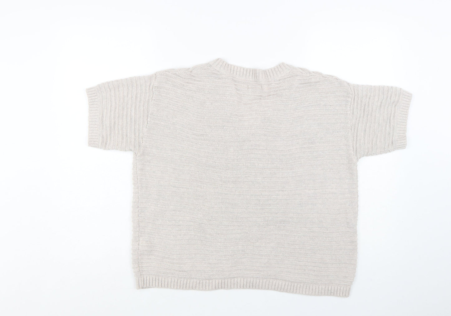 Fat Face Women Beige V-Neck Short Sleeve Knit Cotton Linen Jumper S