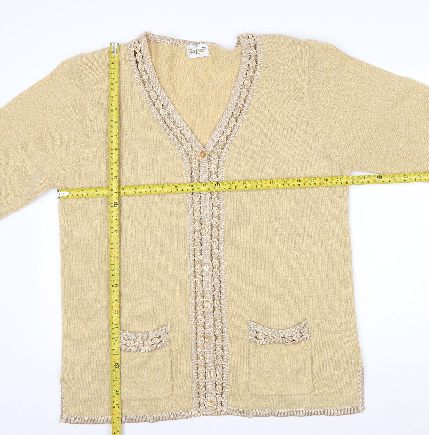 Roman Originals Women Beige Knit Long Sleeve V-Neck Cardigan M/L