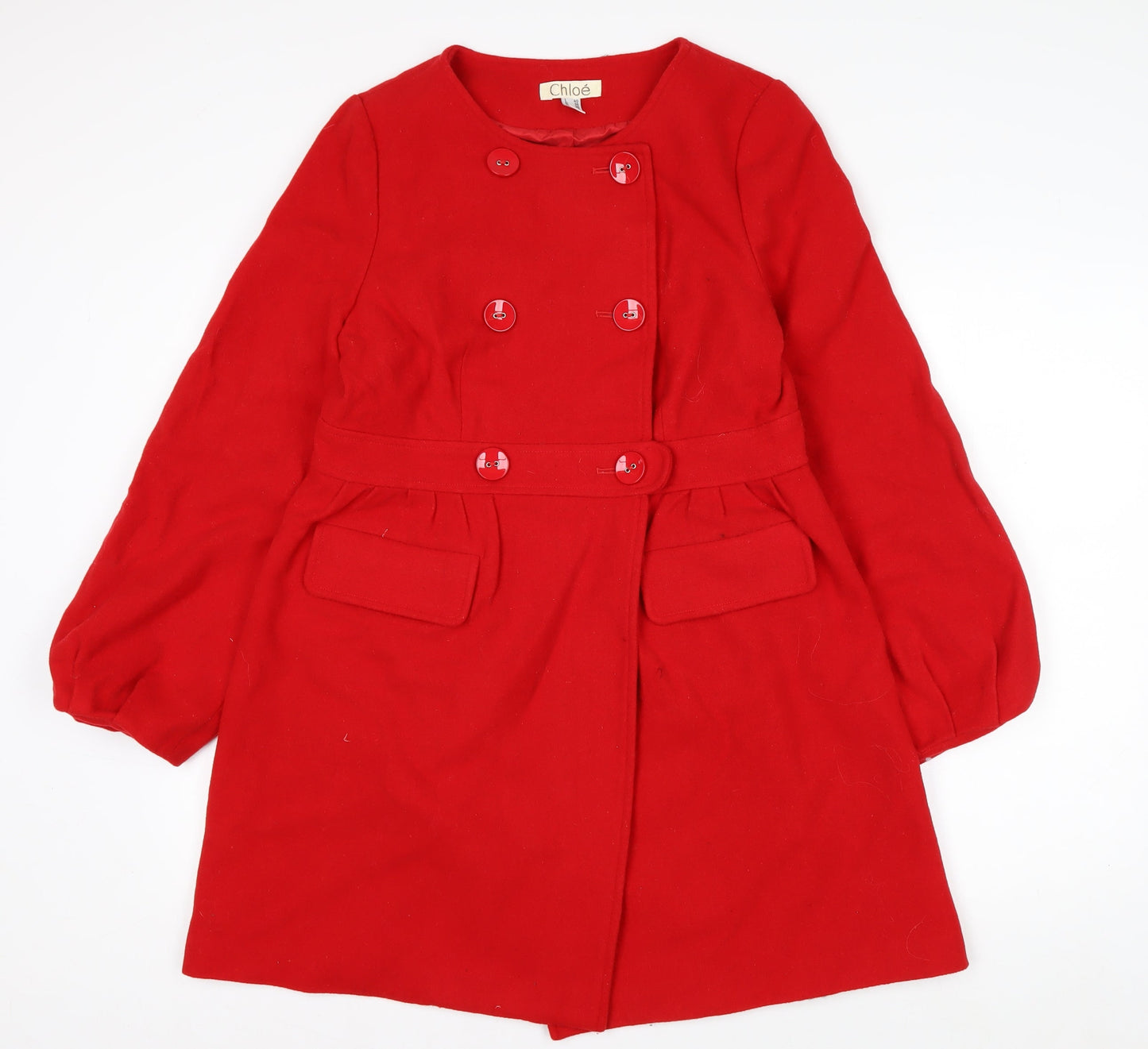 Chloé Women's Red Wool Blend Belted Pea Coat Size 8