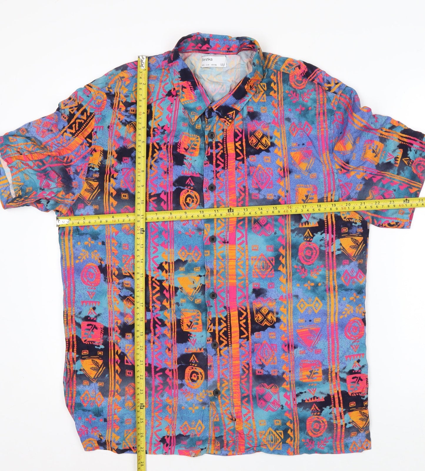 Bershka Men’s Multicoloured Aztec Short Sleeve Retro Viscose Shirt M
