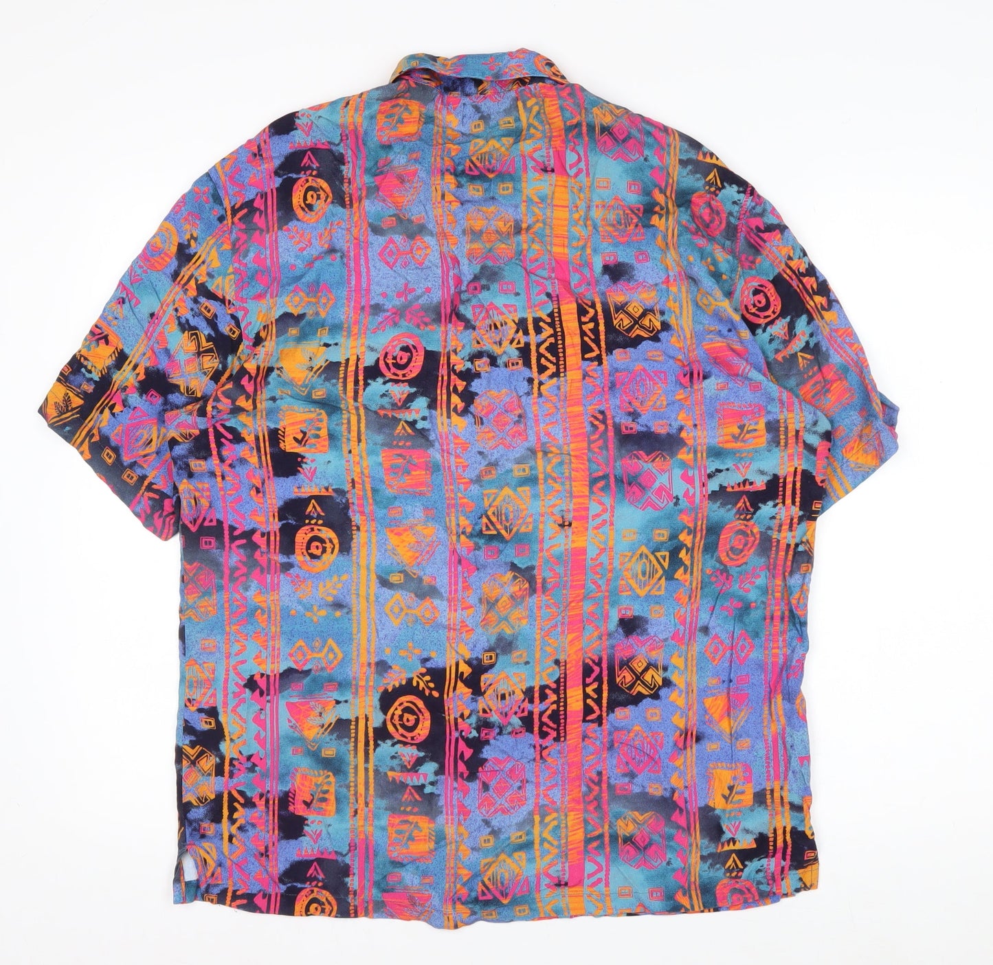 Bershka Men’s Multicoloured Aztec Short Sleeve Retro Viscose Shirt M