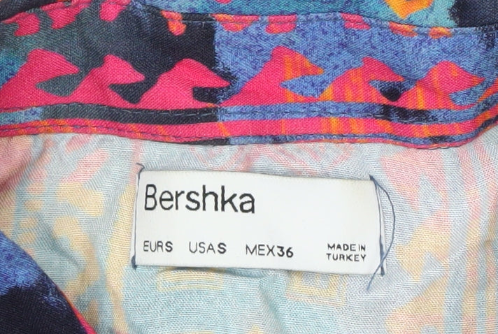 Bershka Men’s Multicoloured Aztec Short Sleeve Retro Viscose Shirt M