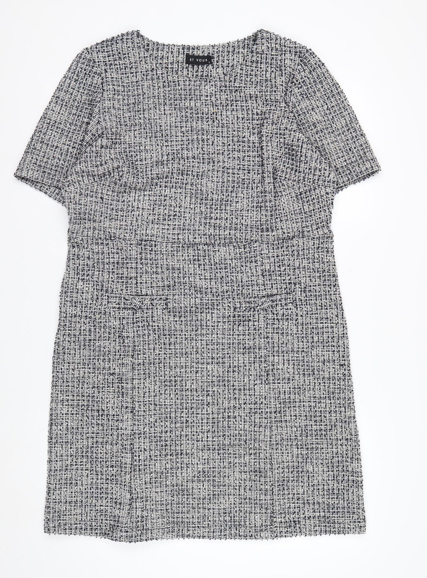 ET VOUS Women’s Grey Shift Dress Size 14 Tweed Workwear Short Sleeve