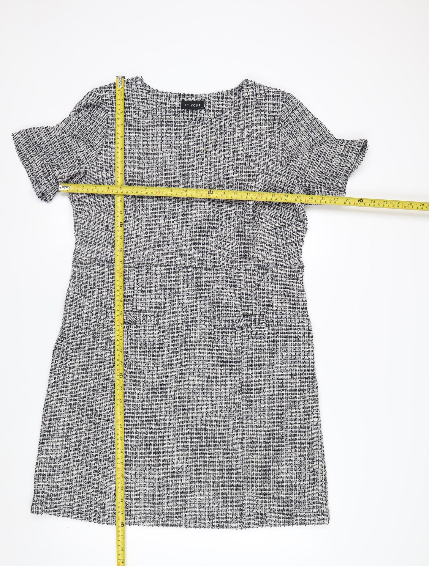 ET VOUS Women’s Grey Shift Dress Size 14 Tweed Workwear Short Sleeve