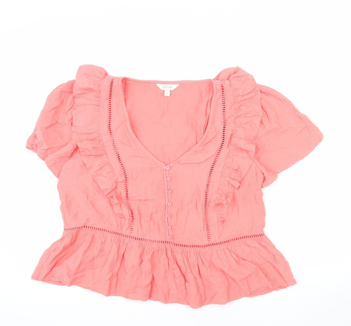 Marks and Spencer Per Una Women's Pink Cotton Ruffle Tunic Blouse Size 14
