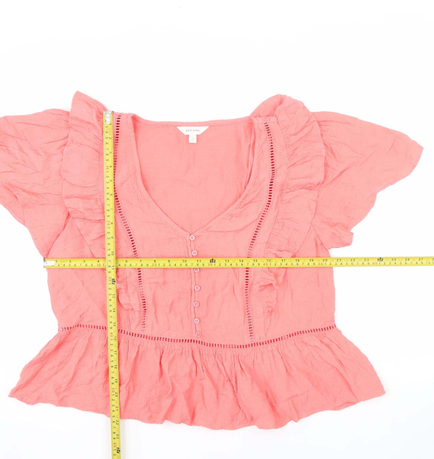 Marks and Spencer Per Una Women's Pink Cotton Ruffle Tunic Blouse Size 14