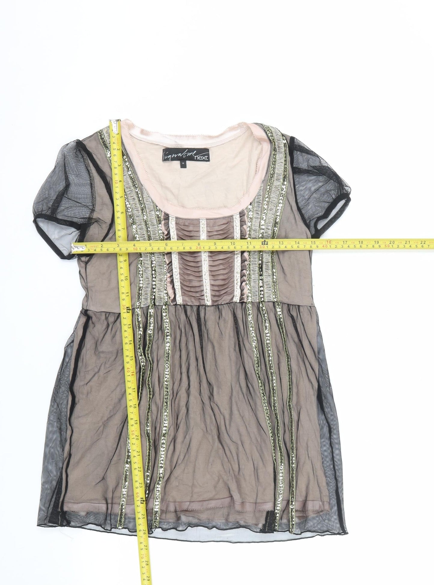 Next Signature Women's Beige Sequin Short Sleeve Shift Dress Size 12