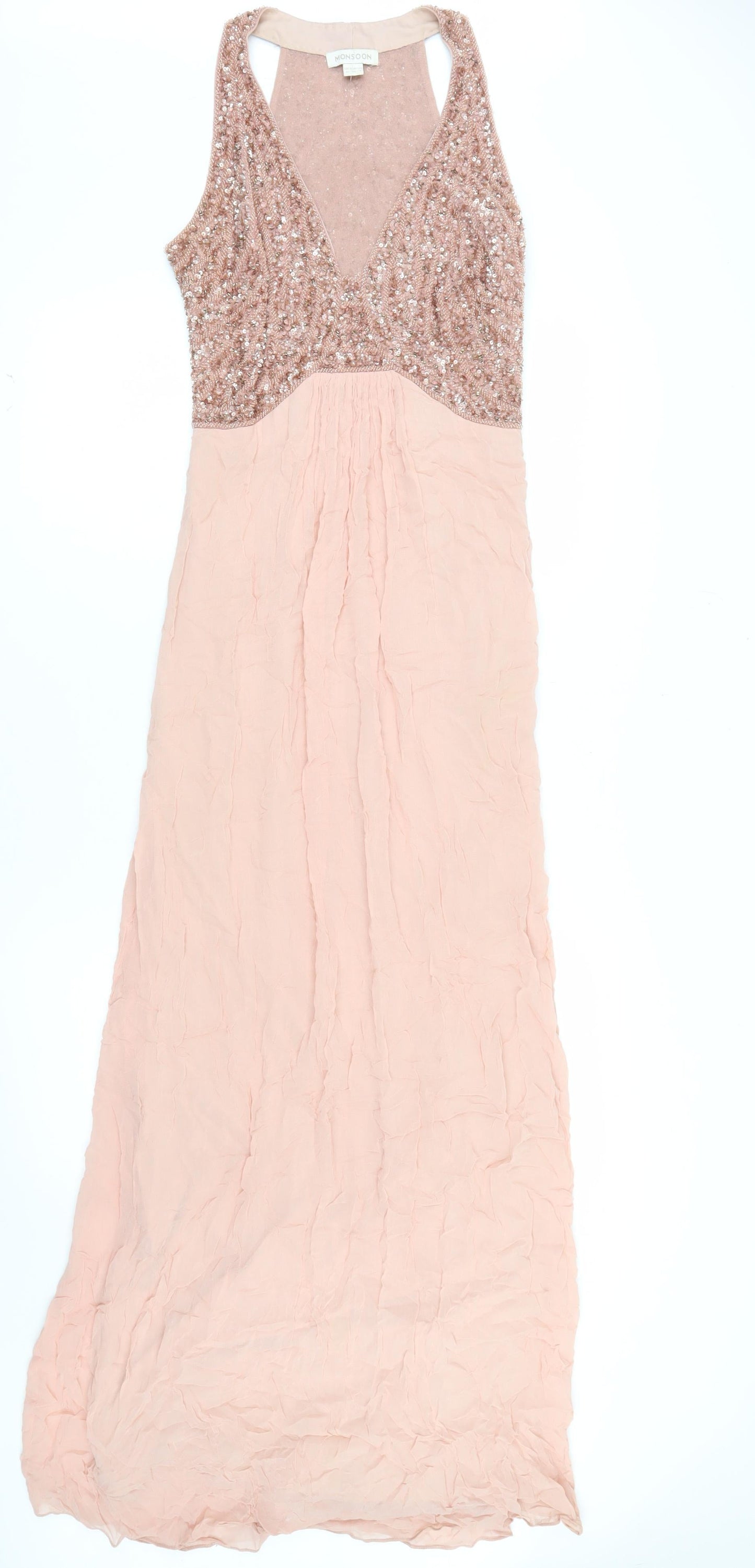 Monsoon Women Pink Sequin Maxi Dress Size 10 Sleeveless Formal