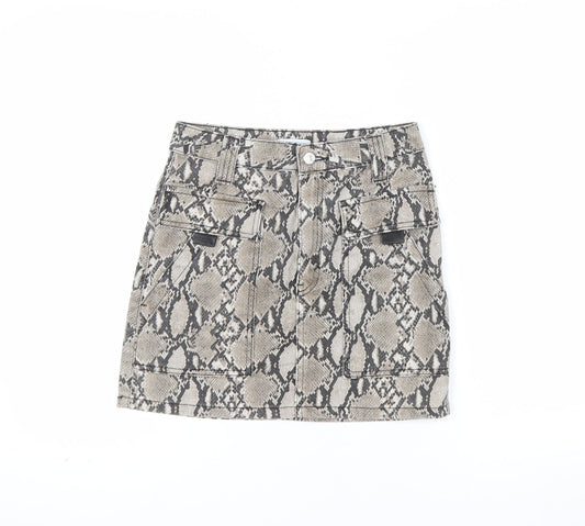 Topshop Womens Beige Snake Print Mini Skirt UK 8 Cotton Denim