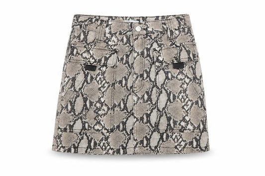 Topshop Womens Beige Snake Print Mini Skirt UK 8 Cotton Denim