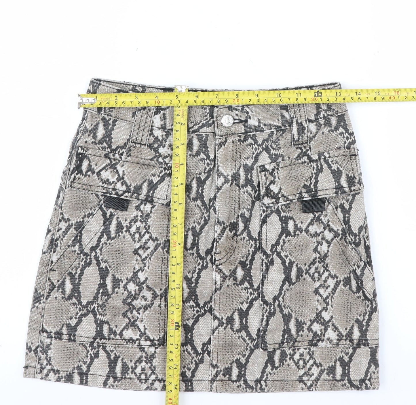 Topshop Womens Beige Snake Print Mini Skirt UK 8 Cotton Denim