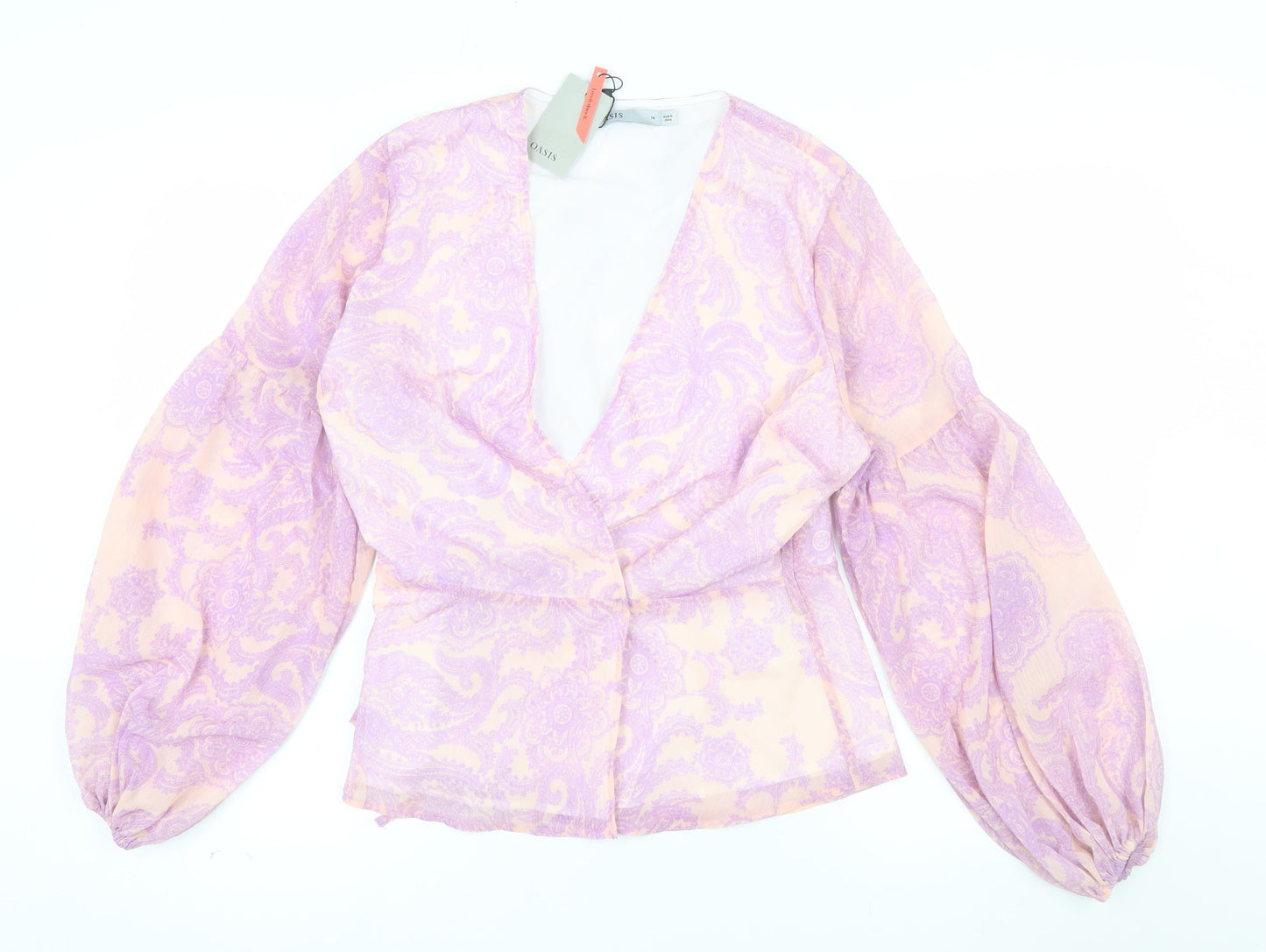 Oasis Women’s Multicoloured Wrap Blouse UK 14 Balloon Sleeve Chiffon