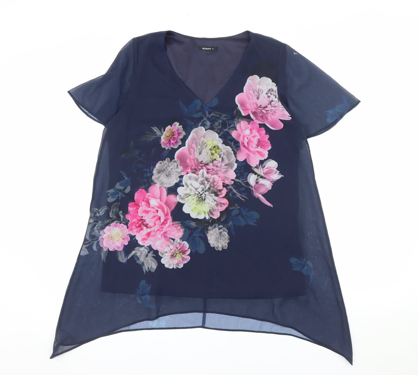 Roman Women's Blue Floral Chiffon Tunic Blouse Size 10