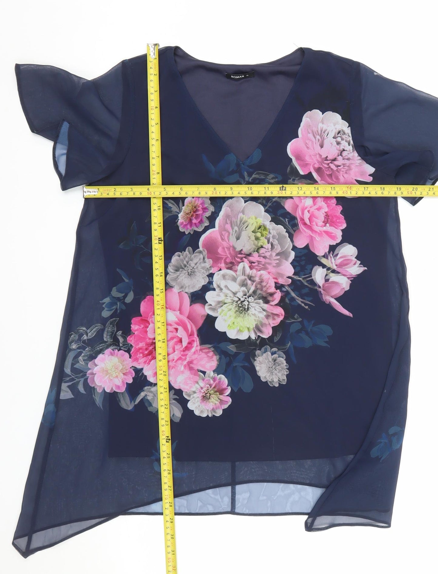 Roman Women's Blue Floral Chiffon Tunic Blouse Size 10