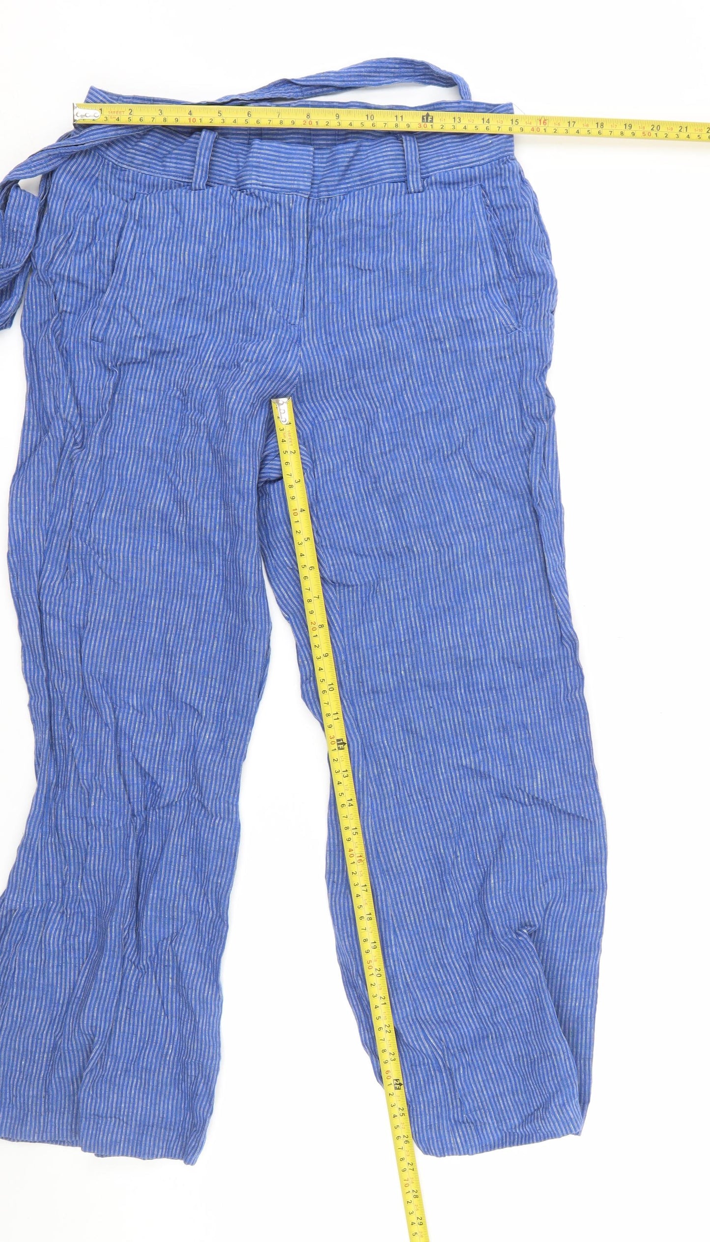 Lands' End Women's Blue Linen Petite Wide-Leg Mid Rise Trousers