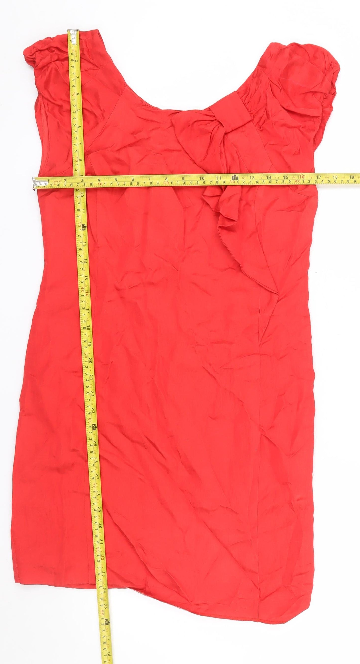 Oasis Women’s Red Knee Length Shift Dress Size 10 Puff Sleeve Bow Detail