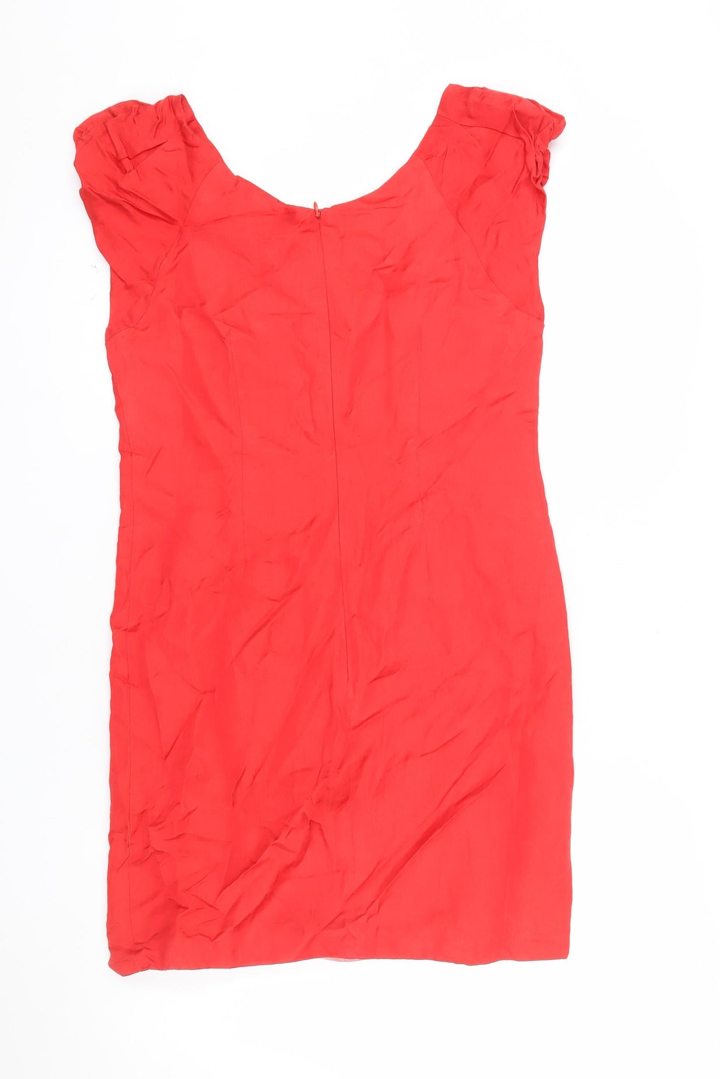Oasis Women’s Red Knee Length Shift Dress Size 10 Puff Sleeve Bow Detail