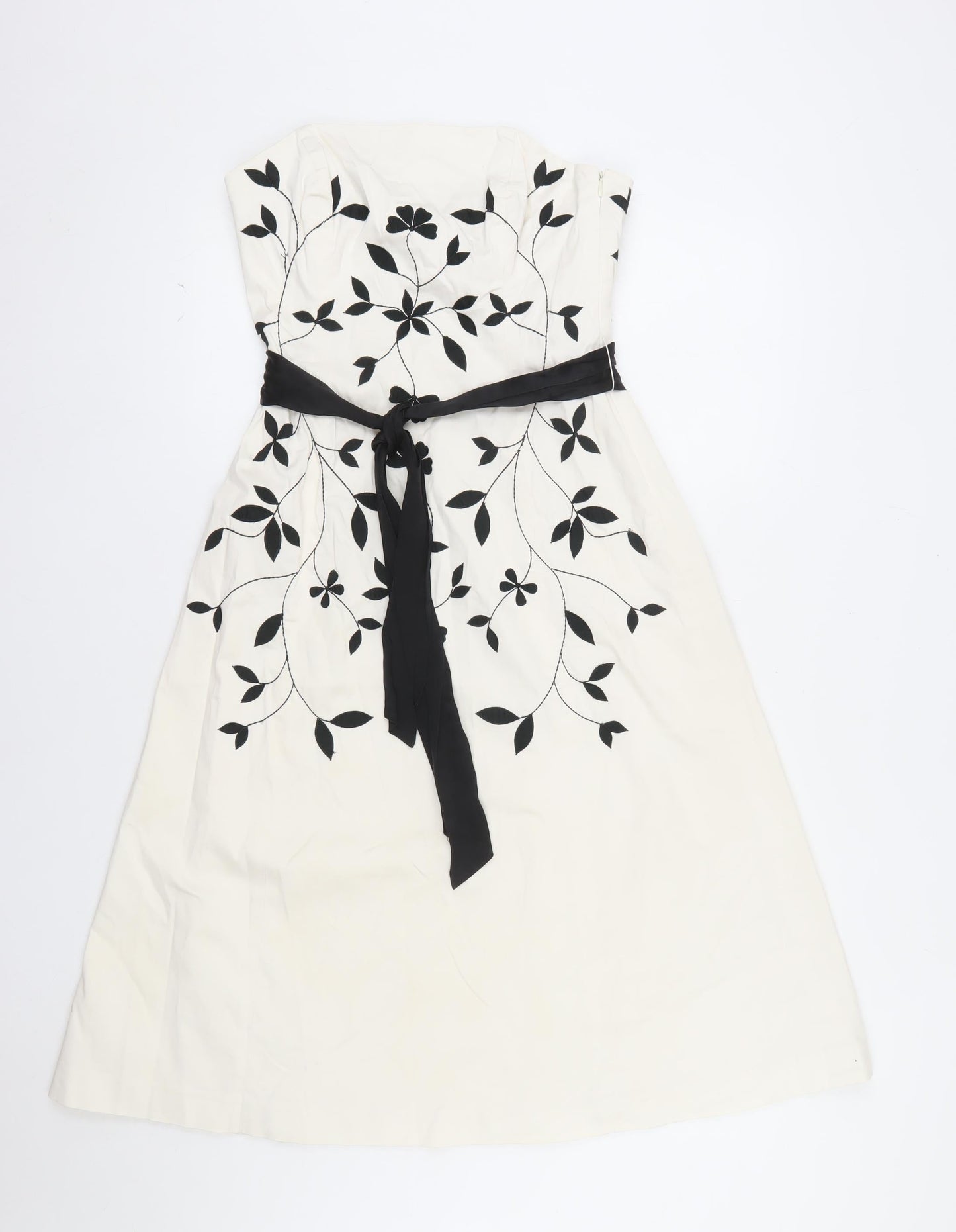 Coast Women's Ivory Black Embroidered Strapless A-Line Dress Size 10