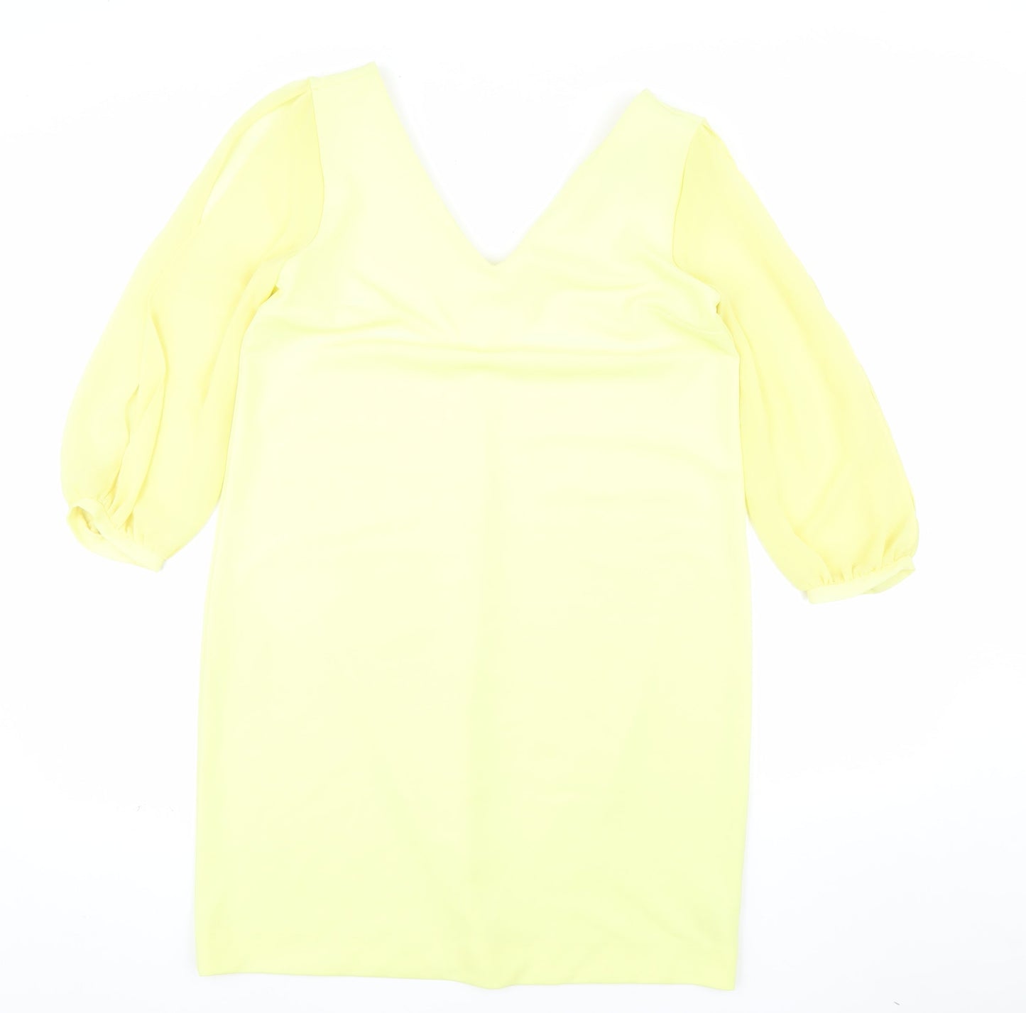 Next Women Yellow Shift Dress Size 12 V-Neck Puff Sleeve Woven