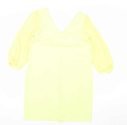 Next Women Yellow Shift Dress Size 12 V-Neck Puff Sleeve Woven