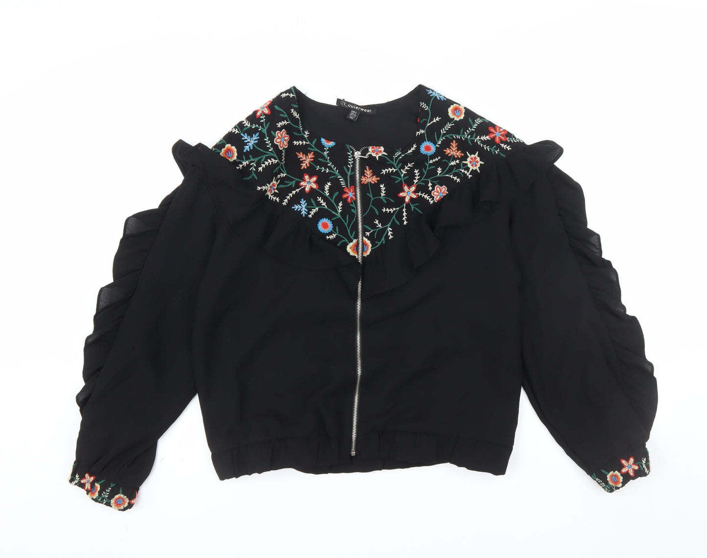 Zara Women Black Embroidered Ruffle Bomber Jacket Size S