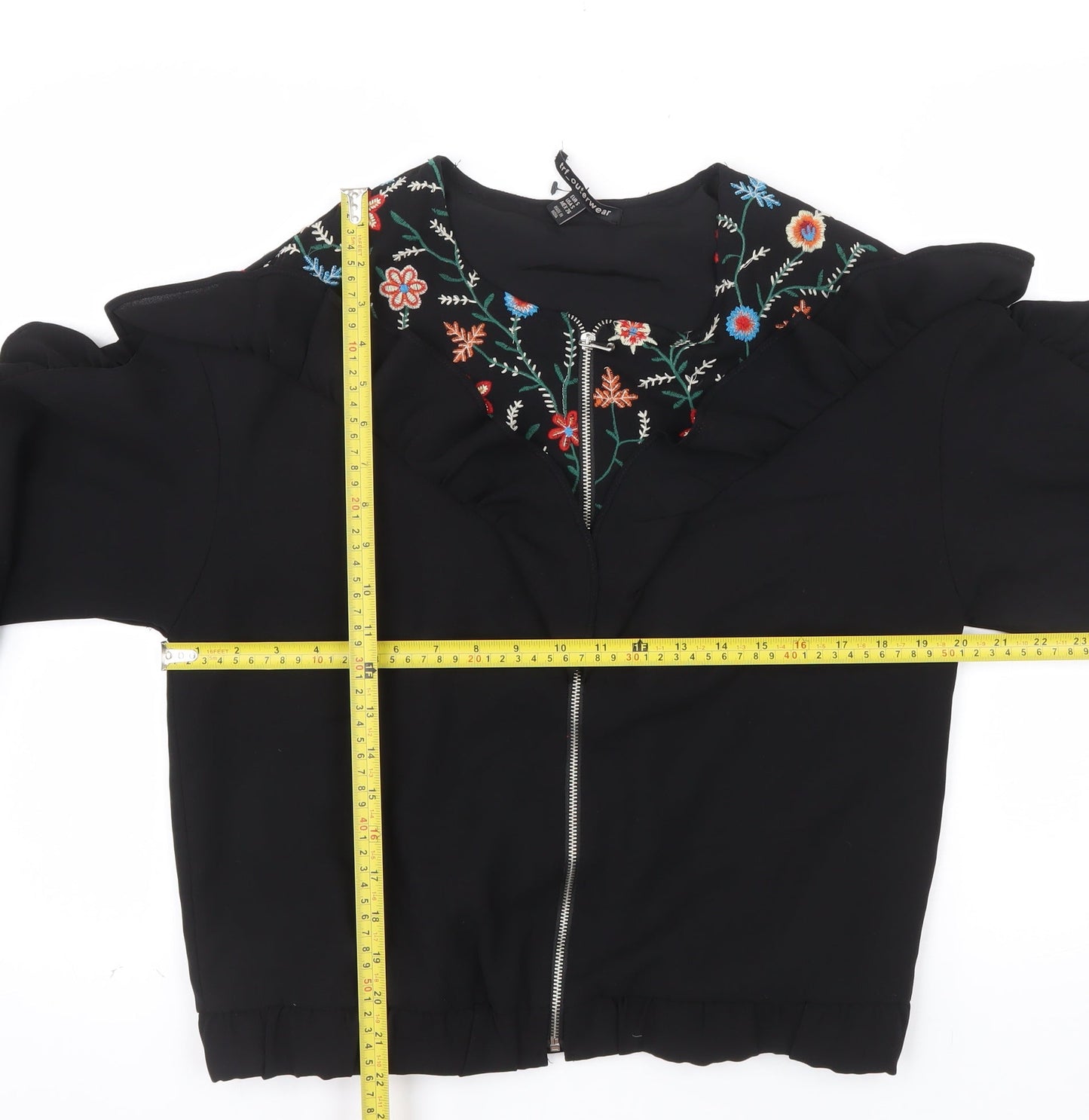 Zara Women Black Embroidered Ruffle Bomber Jacket Size S