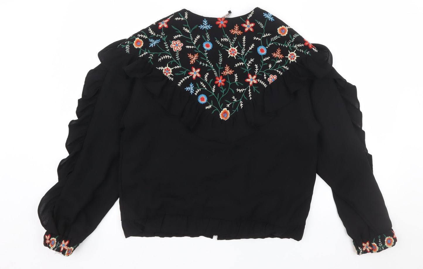 Zara Women Black Embroidered Ruffle Bomber Jacket Size S