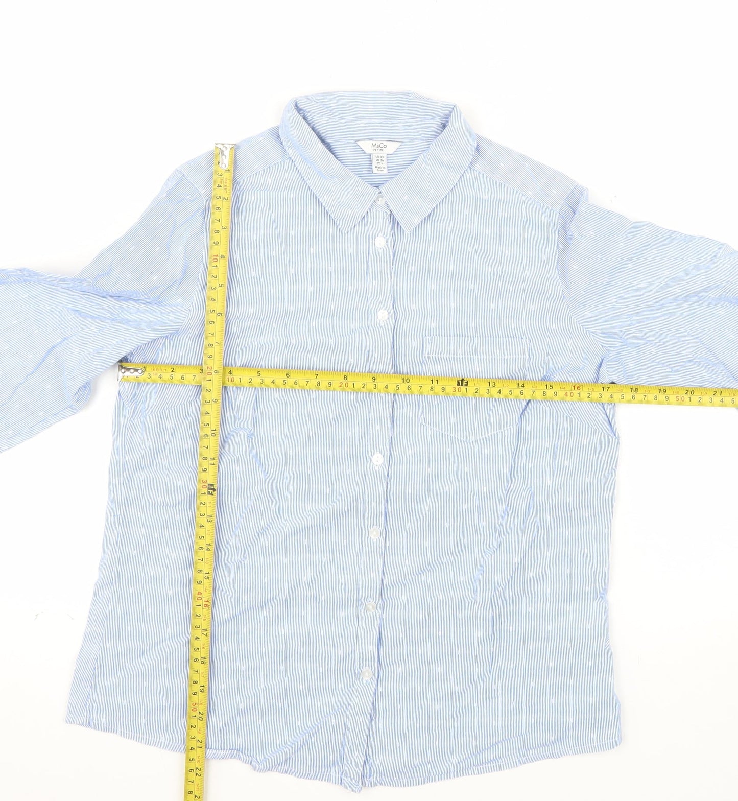 M&Co Women Blue Petite Cotton Long Sleeve Button-Up Shirt Size 10