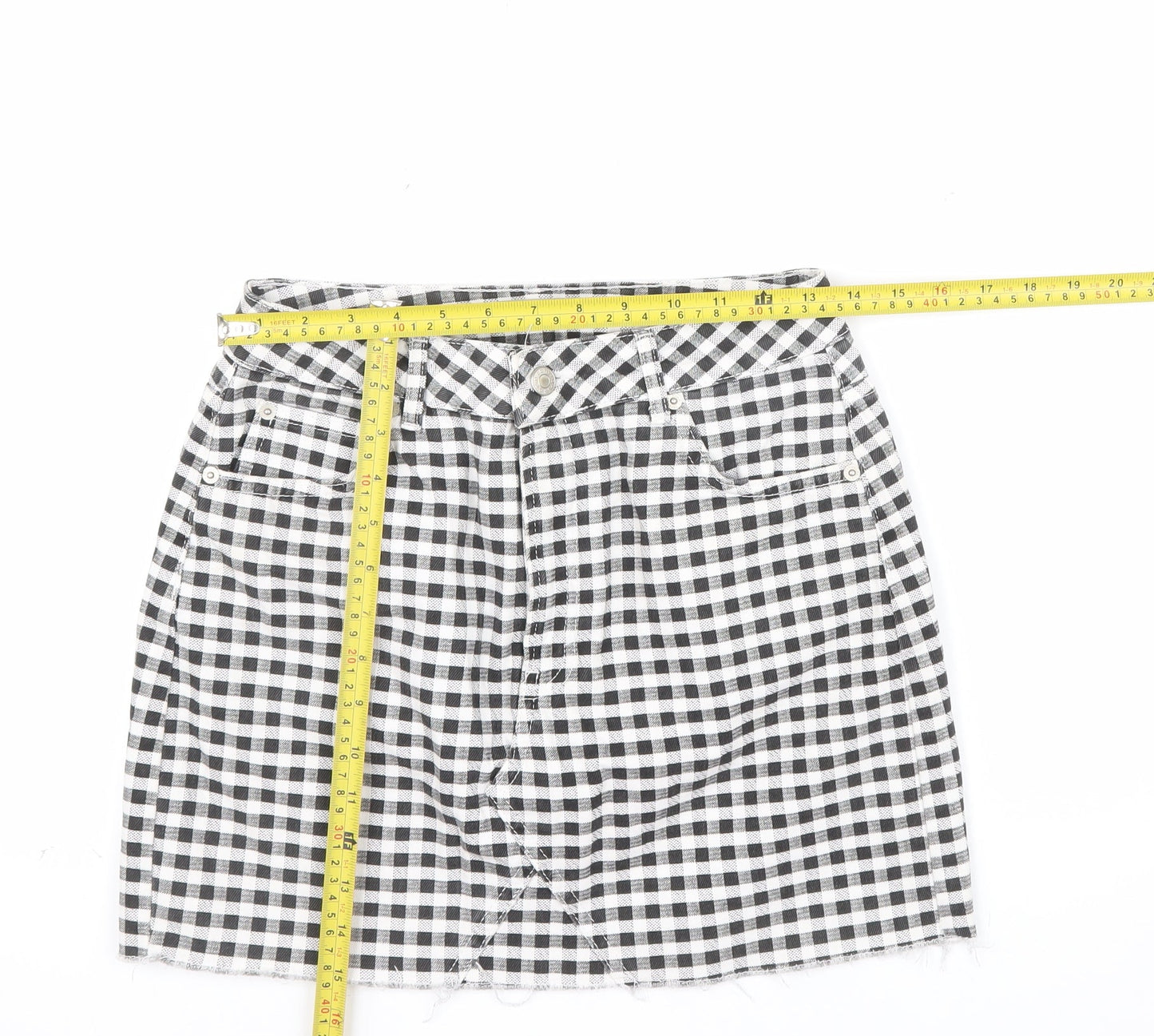Topshop Women’s Black Check Cotton Mini Denim Skirt Size 10