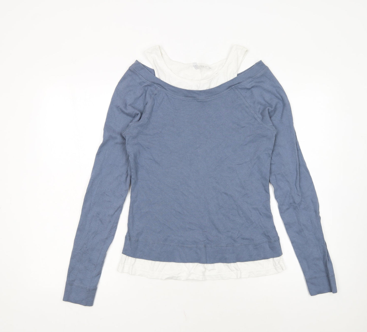 Rainbow Womens Blue Long Sleeve Boat Neck Cotton Top M