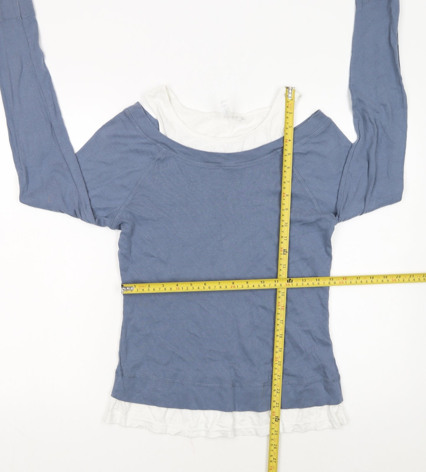 Rainbow Womens Blue Long Sleeve Boat Neck Cotton Top M