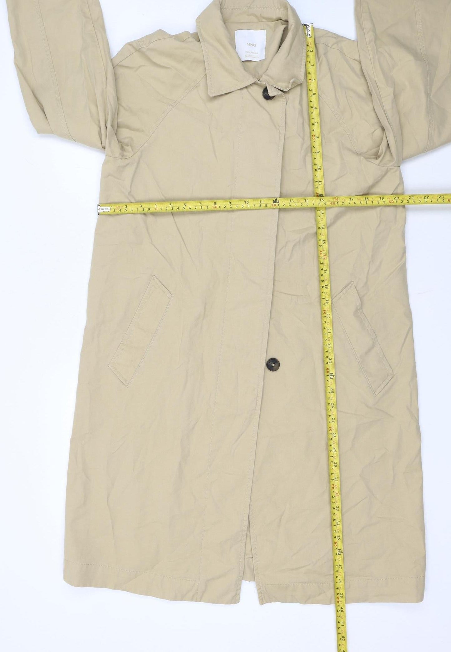 MNG Womens Beige Long Trench Coat Size M Water Resistant Cotton Blend