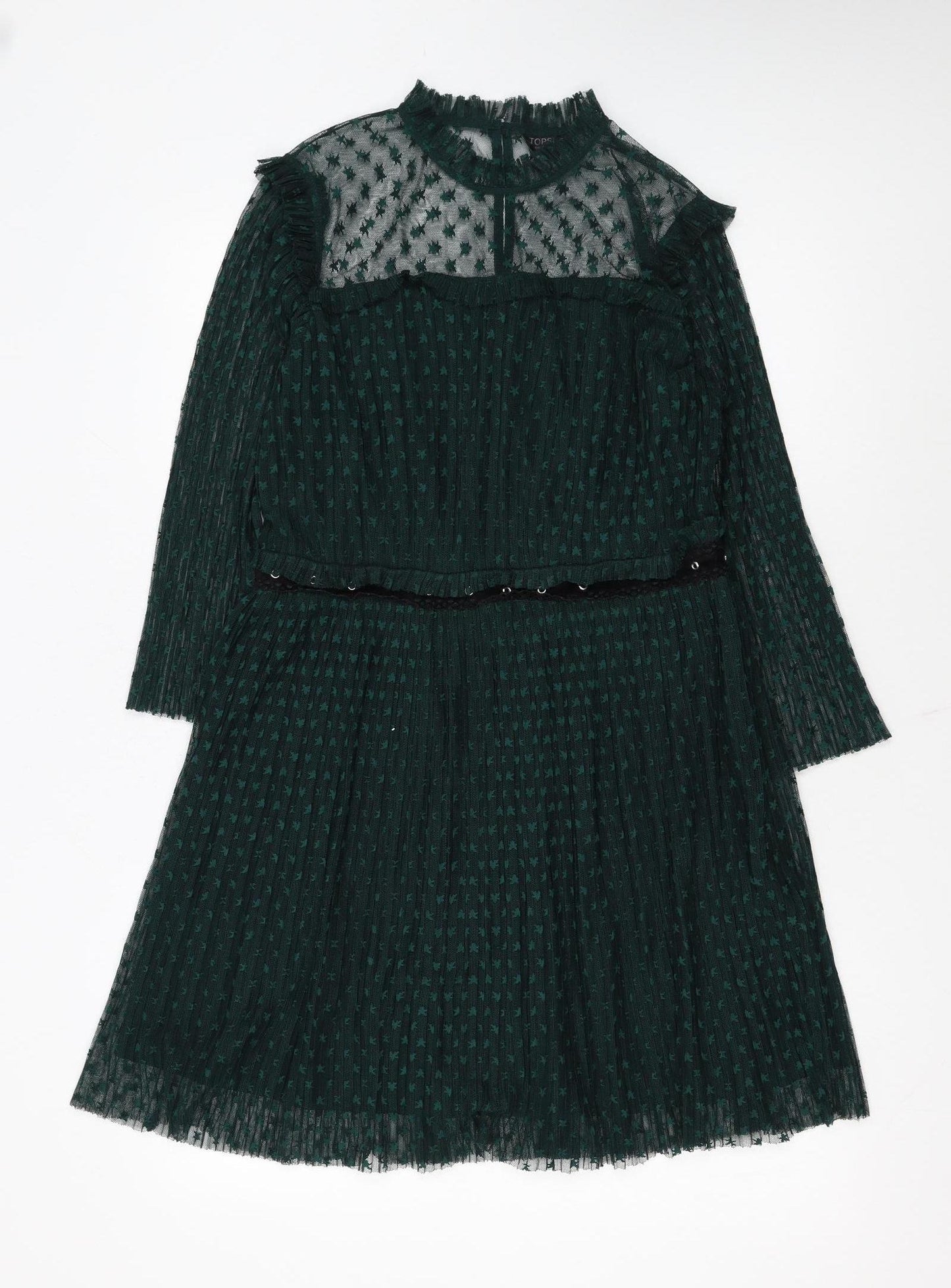Topshop Women's Green Mesh A-Line Dress Size 14 Long Sleeve Partywear