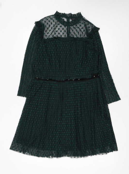 Topshop Women's Green Mesh A-Line Dress Size 14 Long Sleeve Partywear