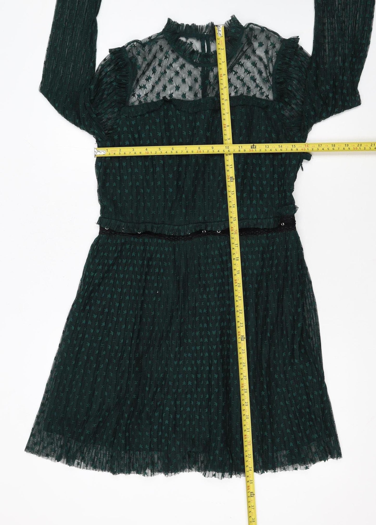 Topshop Women's Green Mesh A-Line Dress Size 14 Long Sleeve Partywear