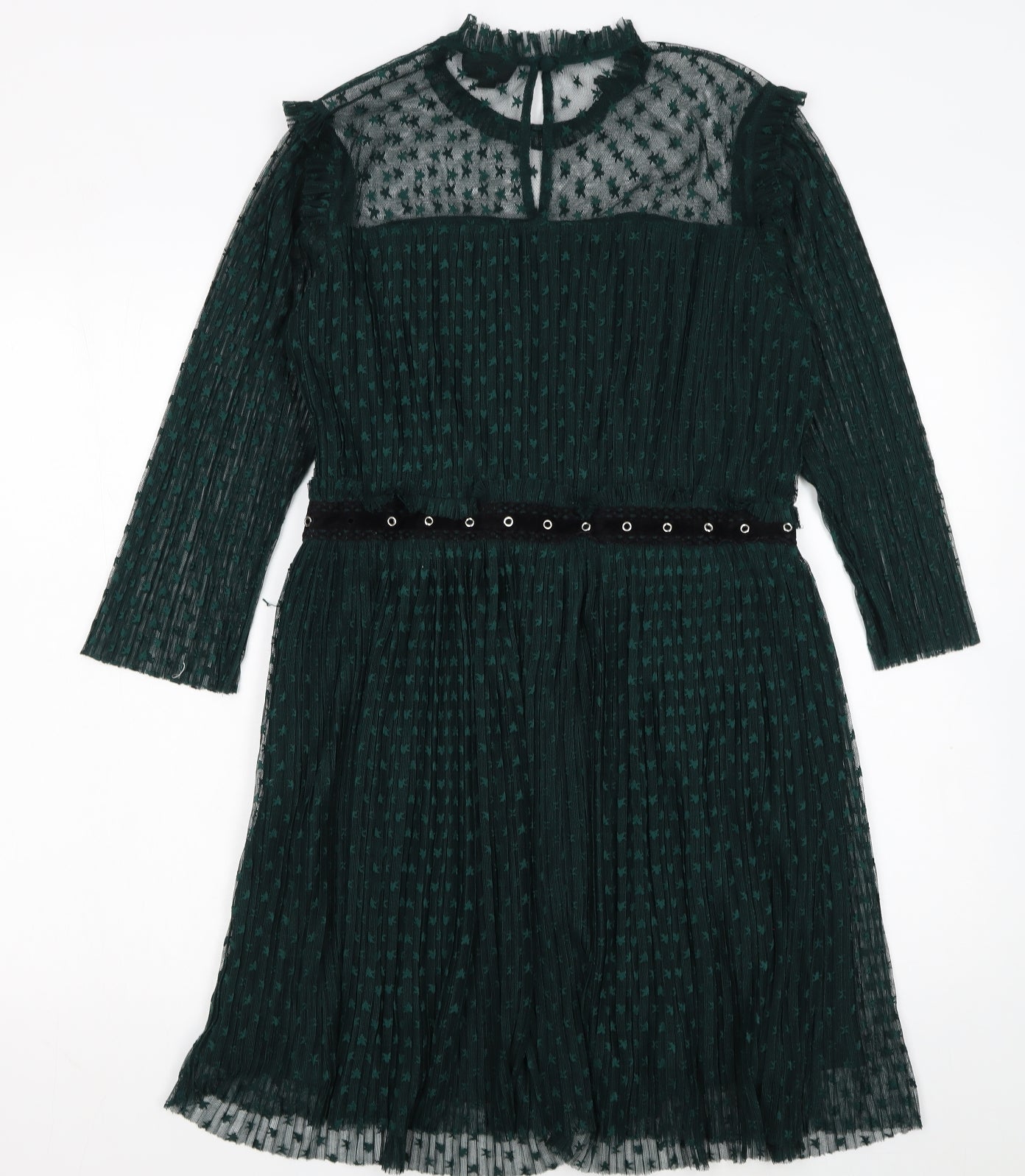 Topshop Women's Green Mesh A-Line Dress Size 14 Long Sleeve Partywear