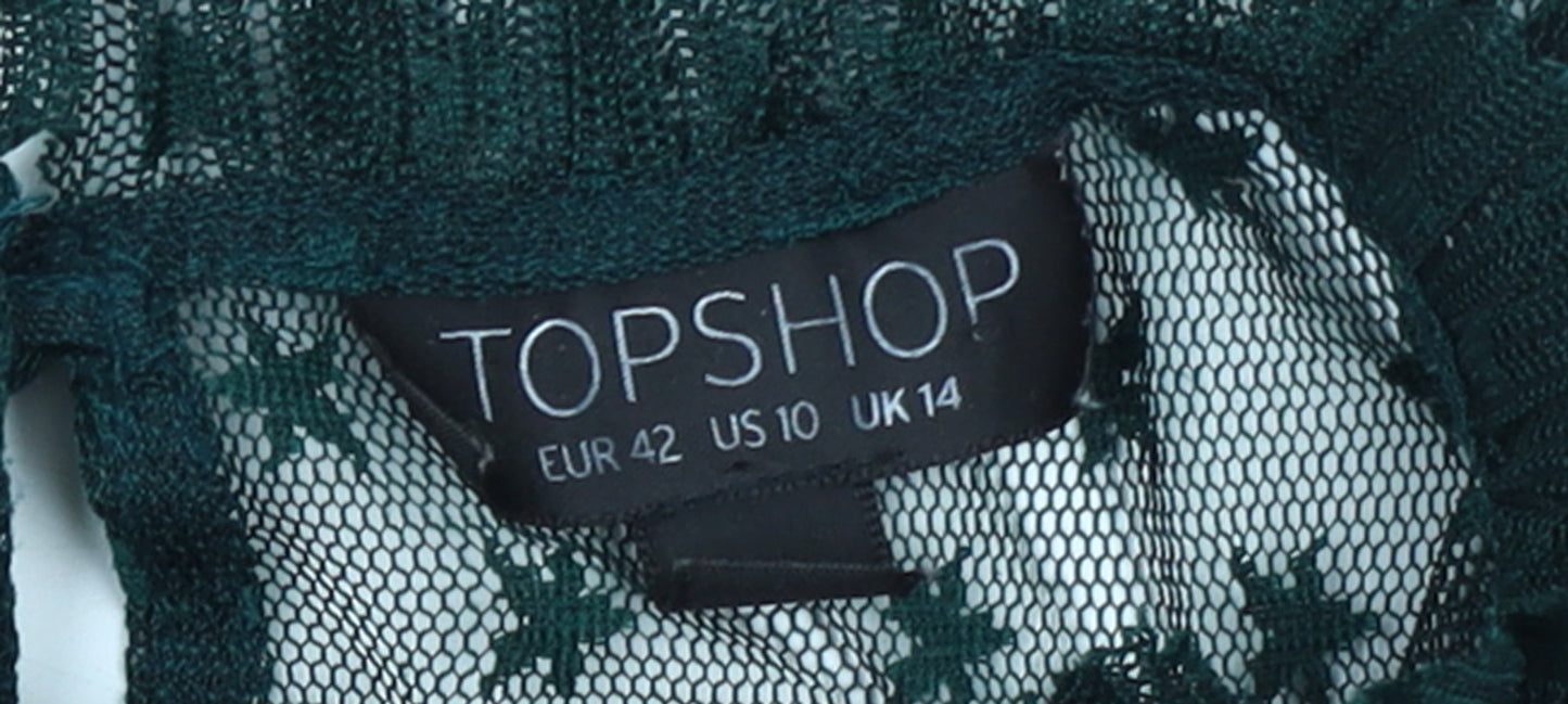 Topshop Women's Green Mesh A-Line Dress Size 14 Long Sleeve Partywear