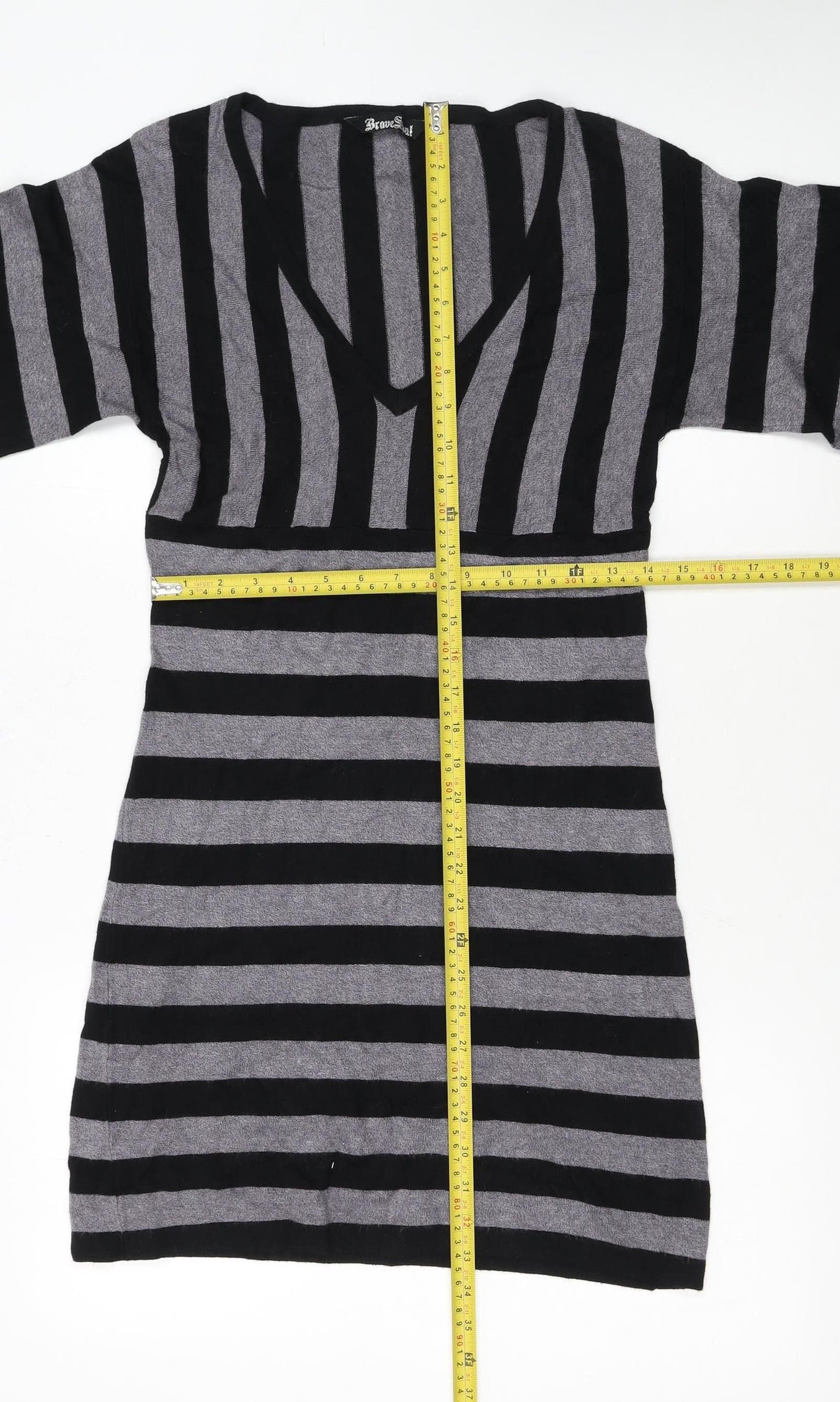 Brave Soul Women’s Grey Black Striped Short Knit Shift Dress S