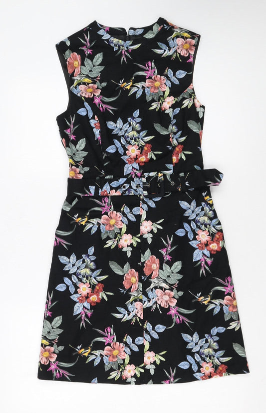 Oasis Women’s Black Floral A-Line Belted Sleeveless Dress UK 8