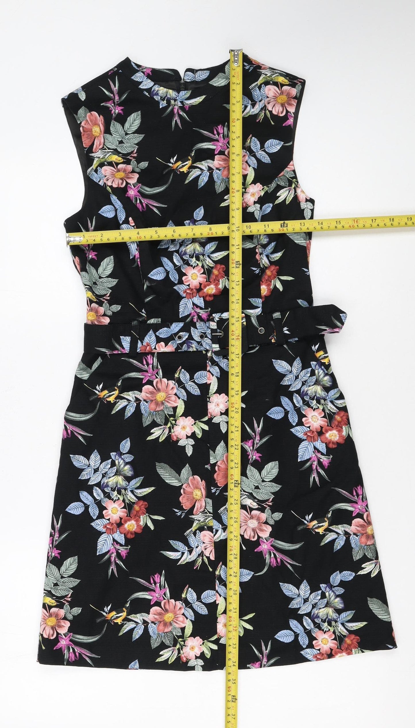 Oasis Women’s Black Floral A-Line Belted Sleeveless Dress UK 8