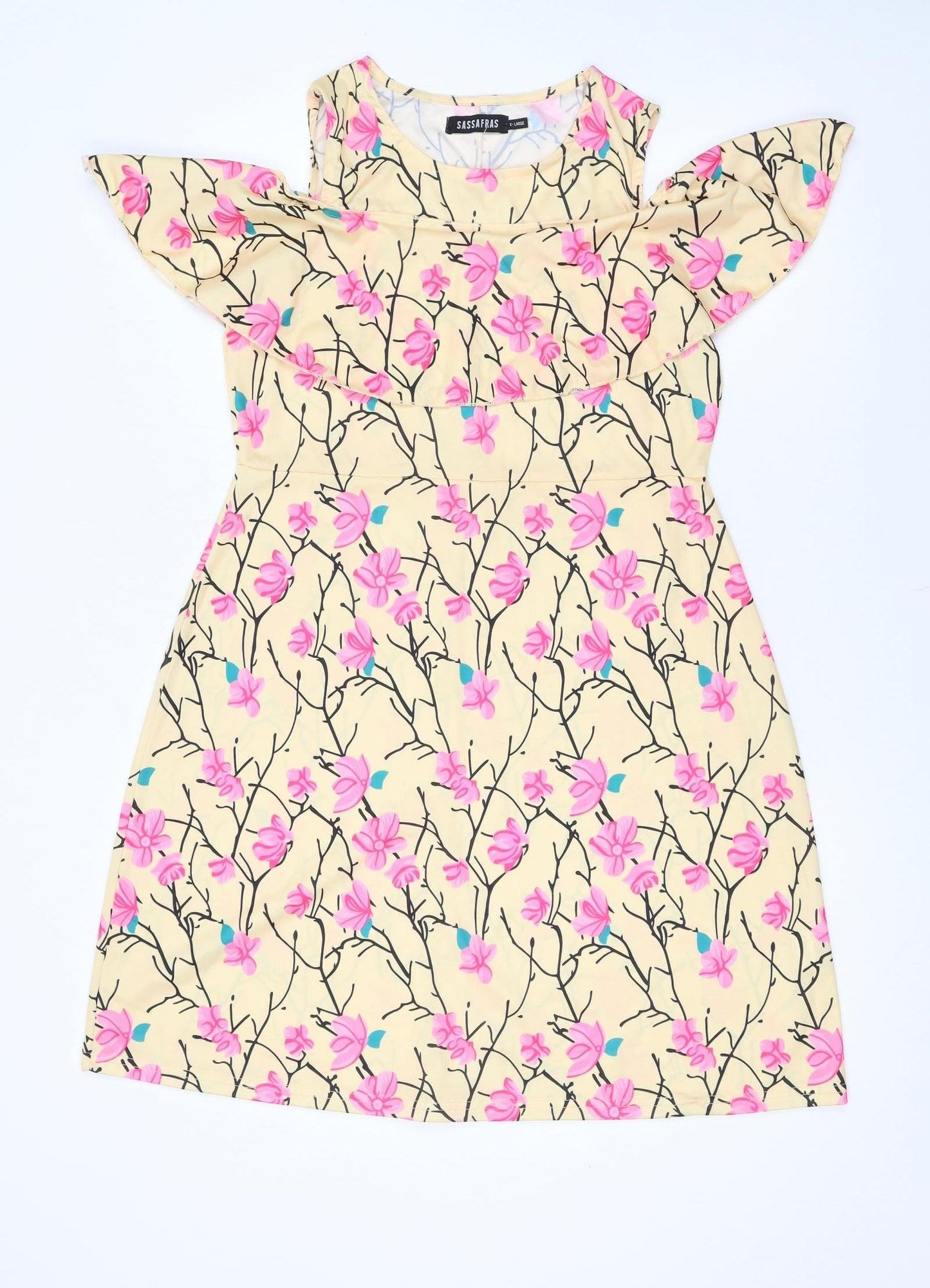 Sassafras Women’s Beige Floral Cold Shoulder Shift Dress L