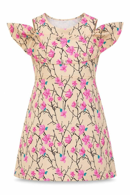 Sassafras Women’s Beige Floral Cold Shoulder Shift Dress L