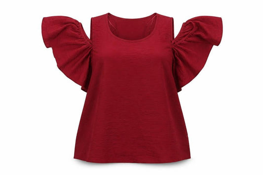 Front view of Papaya women’s red cold shoulder flutter sleeve blouse, size UK 14