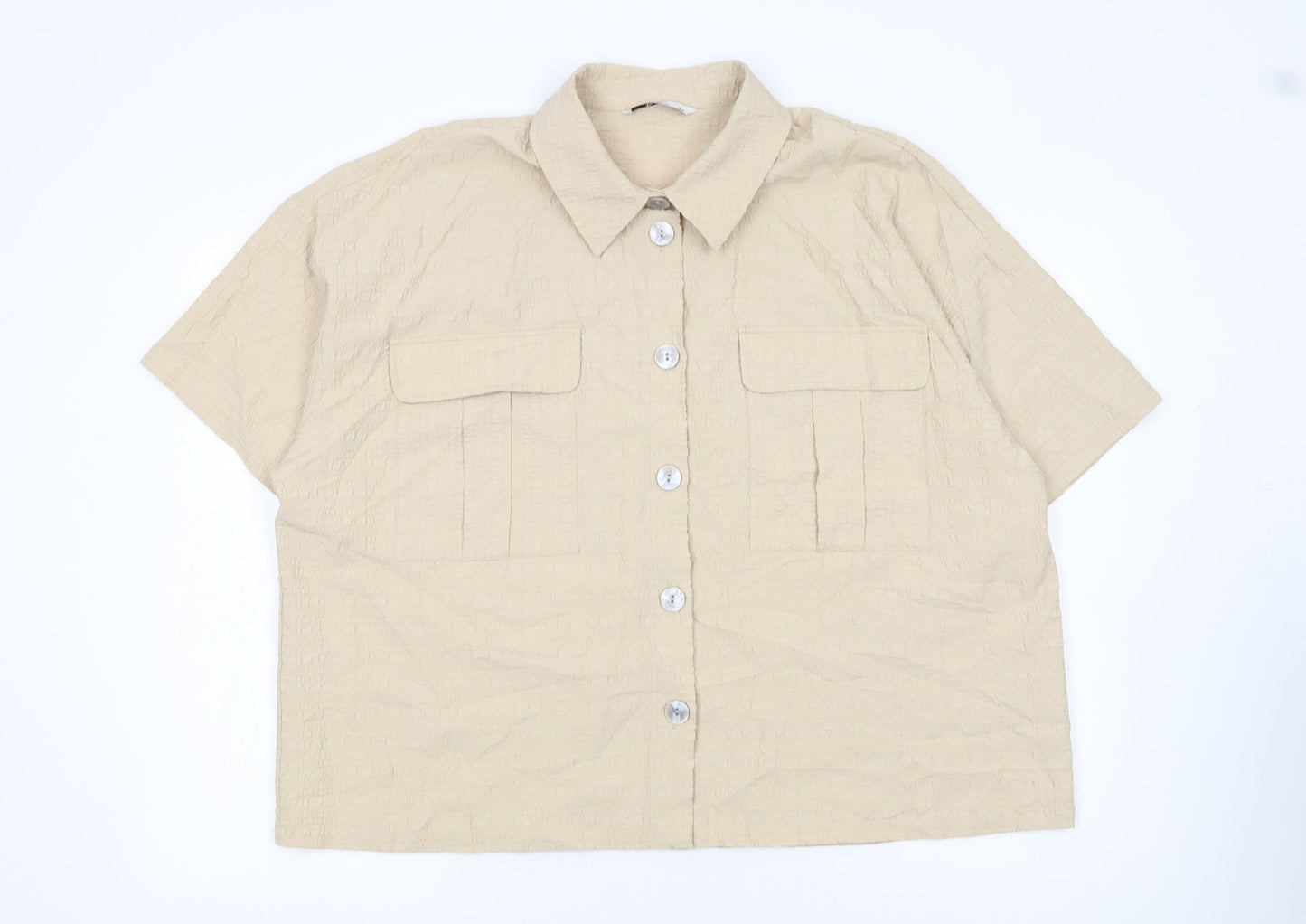 Tu Womens Beige Short Sleeve Collared Button-Up Linen Blend Shirt Size 22